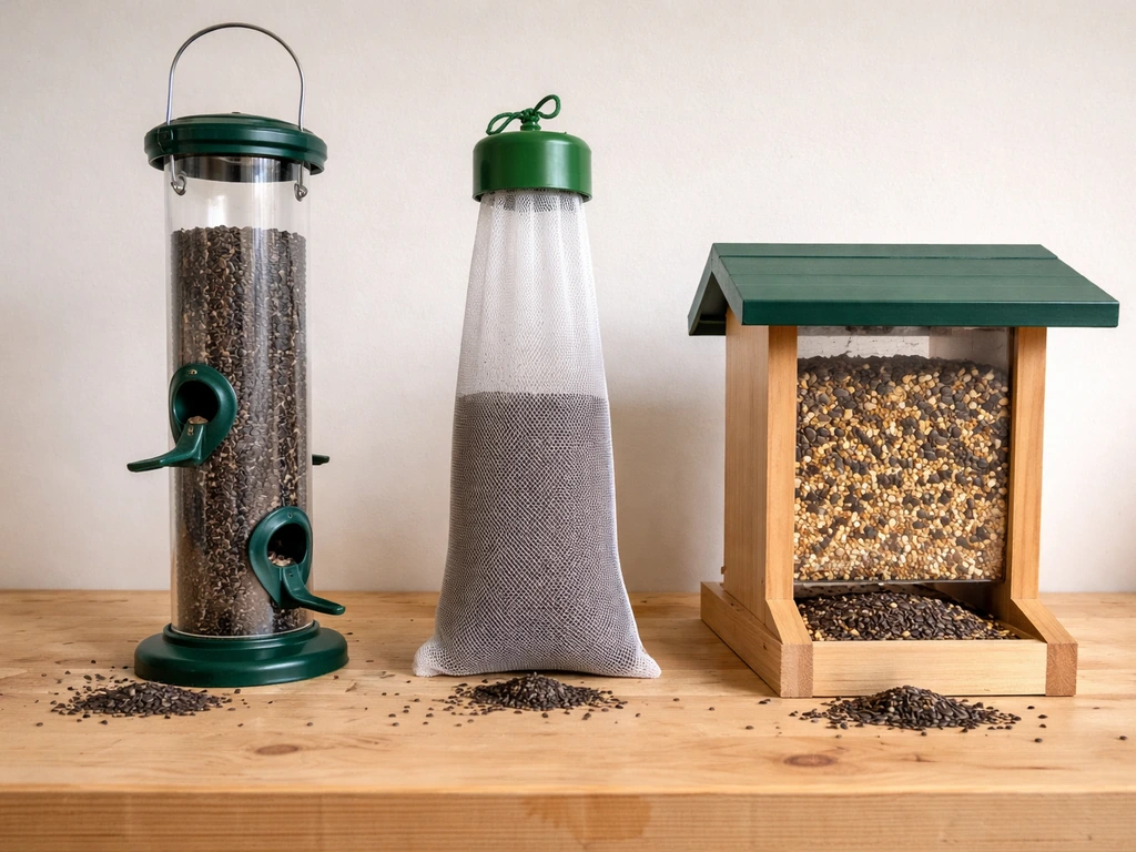 Three bird feeders—tube, sock, and hopper—on a bench with a few seeds visible near each opening.
