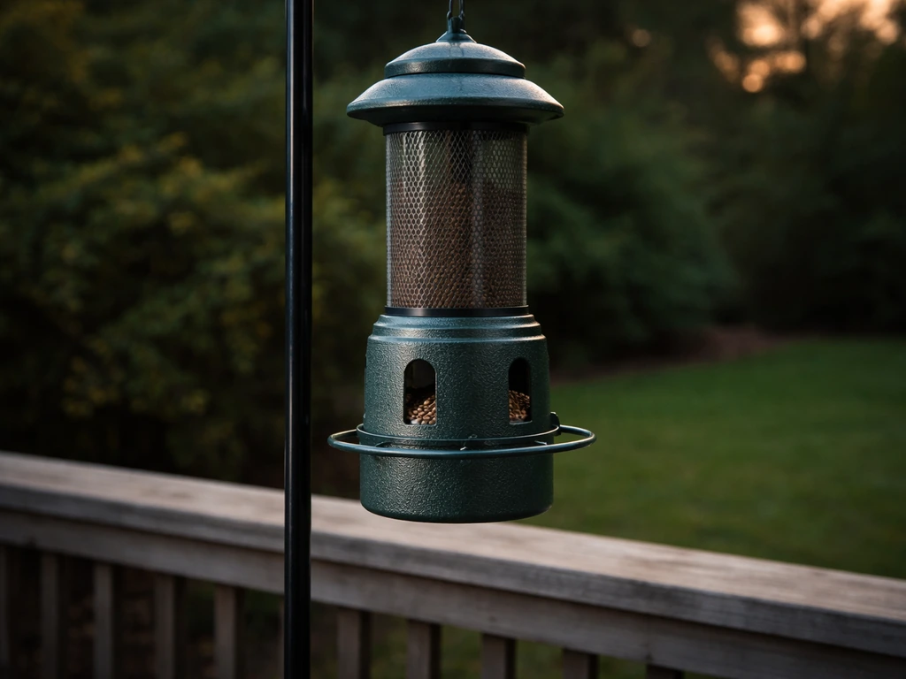 Brome Squirrel Buster Nyjer feeder outdoors with the weight-activated shroud over niger seed ports.