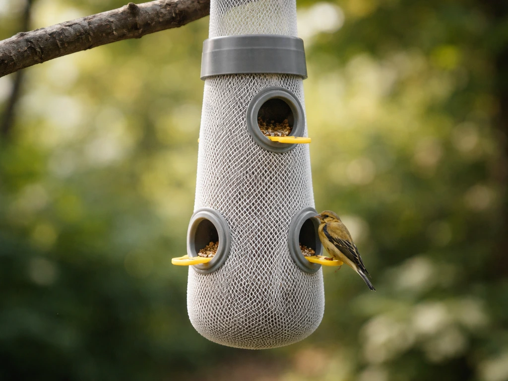 Close-up of a Kaytee-style mesh finch sock feeder with ports, hanging outdoors for small flocks.