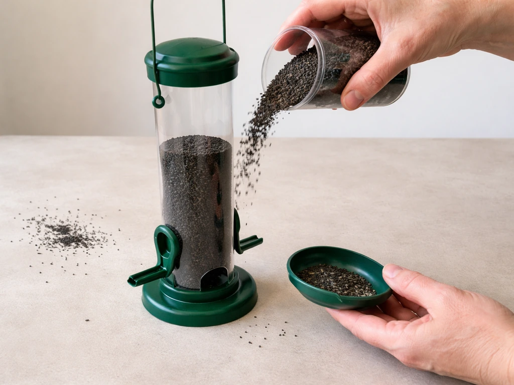 Hands refilling and tapping out a small bird feeder with a removable base on a table