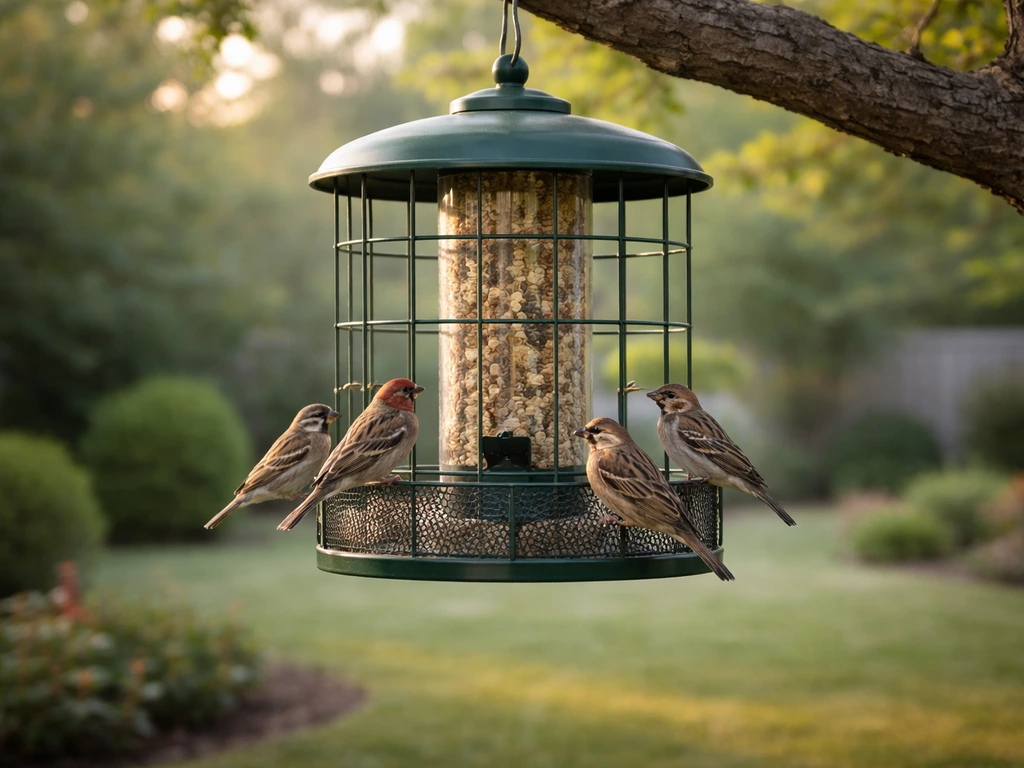 Squirrel-resistant backyard bird feeder with multiple small songbirds feeding in soft morning light