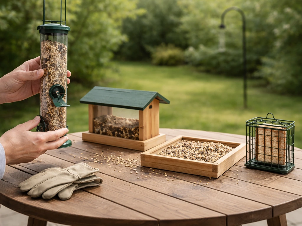 Backyard table with different bird feeder types—tube, hopper, platform, and suet—ready for comparison