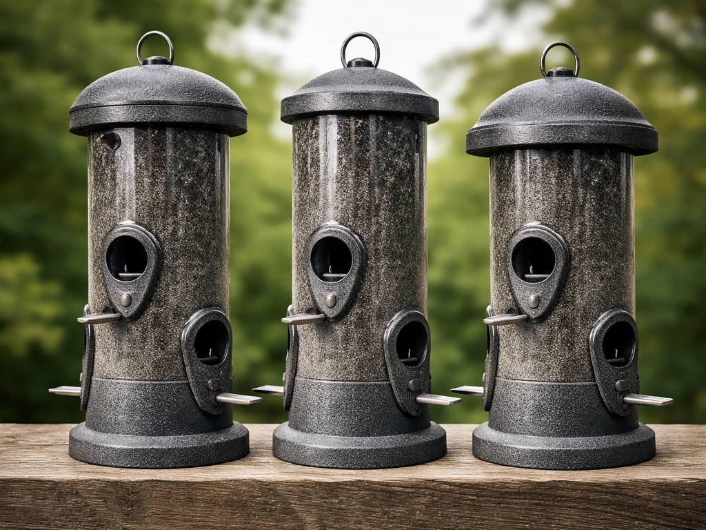Close-up of squirrel-resistant bird tube feeders lined up side by side in a simple outdoor setting