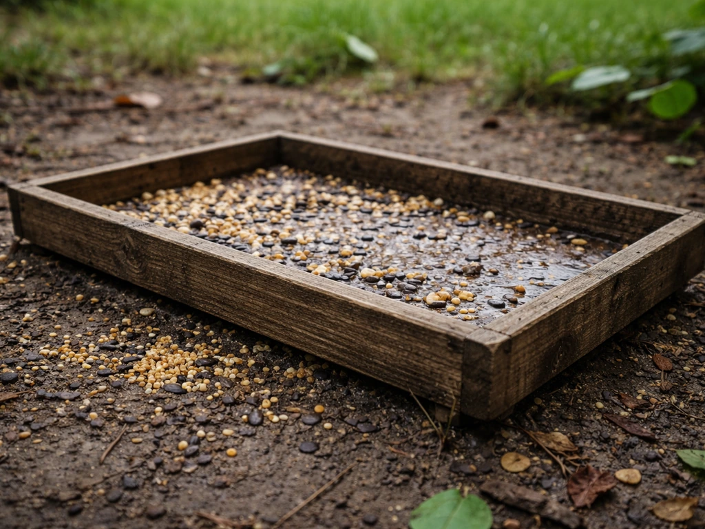 Low platform bird feeder on the ground with scattered wet birdseed, showing mess and wet-seed risk.