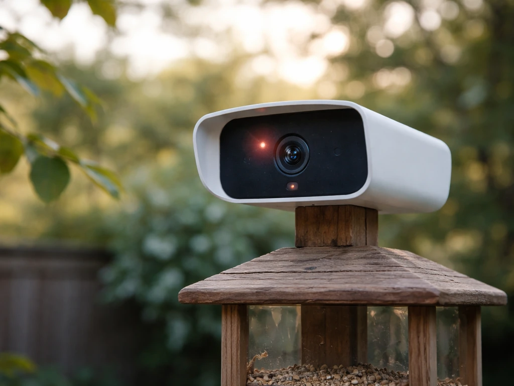 Smart bird feeder camera mounted outdoors, infrared-style glow, capturing backyard birds