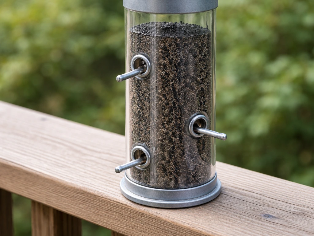 Close-up of a small nyjer-thistle seed bird feeder with tiny seed ports and a simple outdoor perch