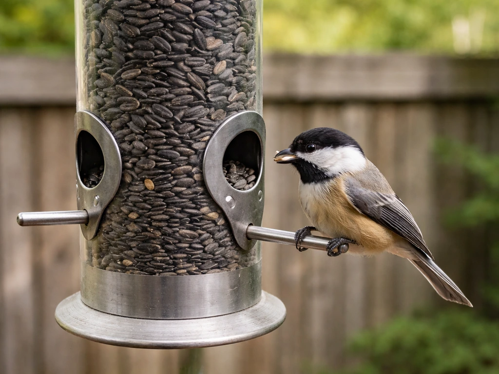 A small songbird feeding from a tube feeder filled with black-oil sunflower seeds outdoors.