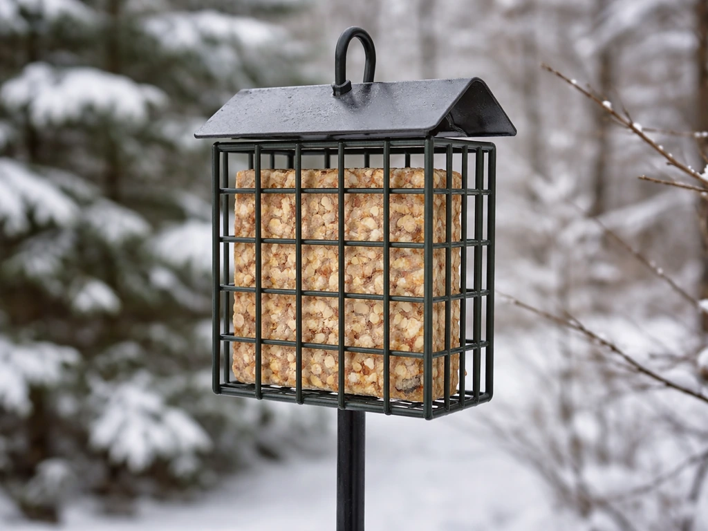A realistic suet feeder holding a suet cake on a winter bird feeder setup for woodpeckers and nuthatches.
