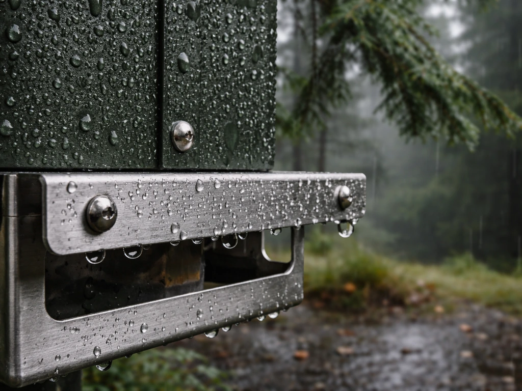 Close-up of a rain-beaded powder-coated steel and aluminum feeder component in misty PNW weather.