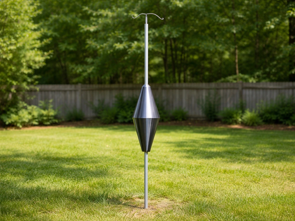 Smooth metal pole with a wrap-around squirrel baffle mounted above the ground in a quiet yard