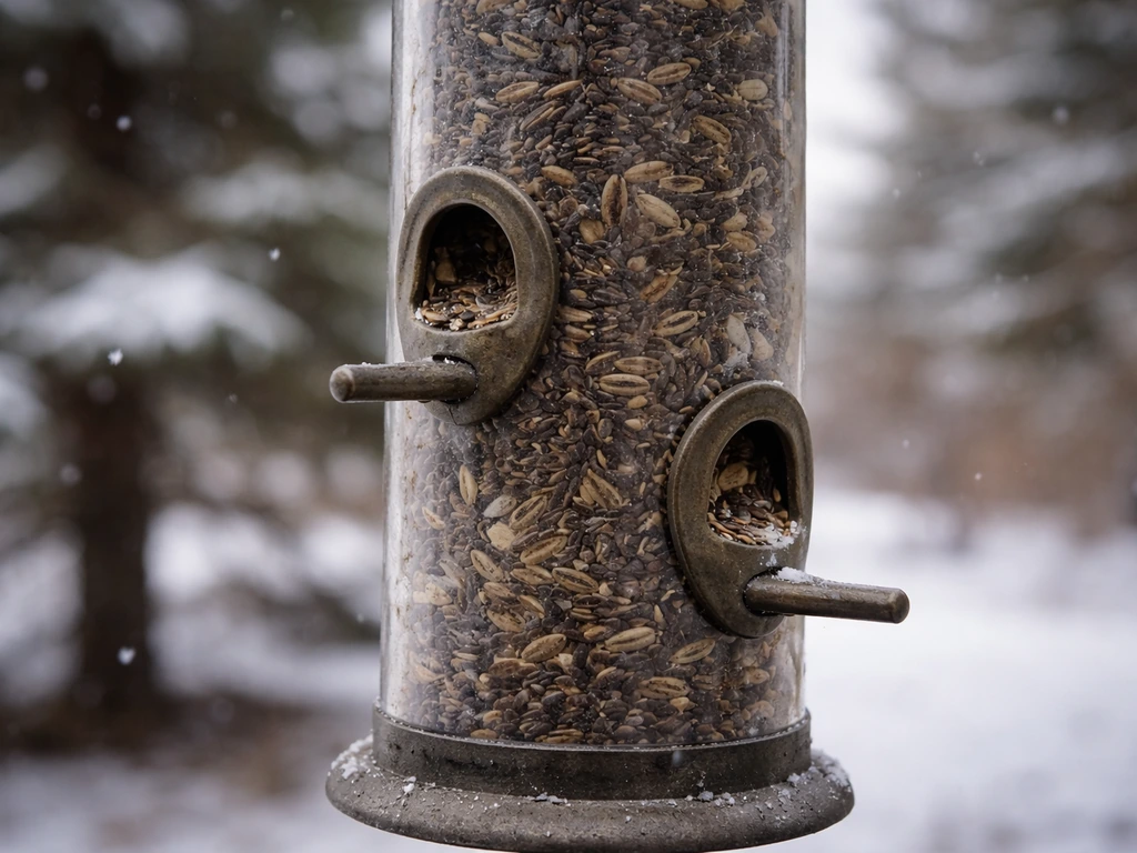 Close-up of a tube bird feeder filled with nyjer and sunflower seeds in winter light, ports in focus.