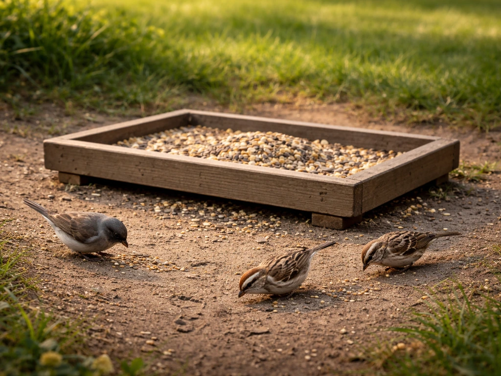 Ground-level platform feeder on soil with sparrow/junco-like birds and footprints visible nearby.