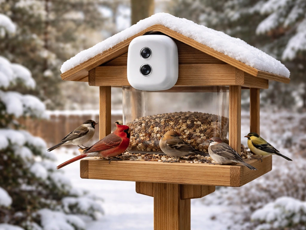 Smart bird feeder camera mounted outdoors, capturing birds at a feeding station in a snowy Colorado-like setting.