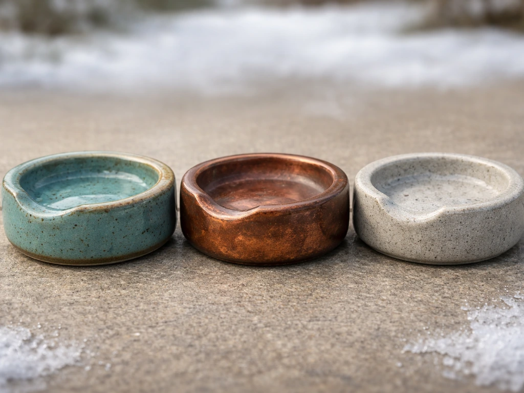Three bird water feeder material samples—glazed ceramic, copper, and poly/stone—shown side-by-side with a subtle freeze