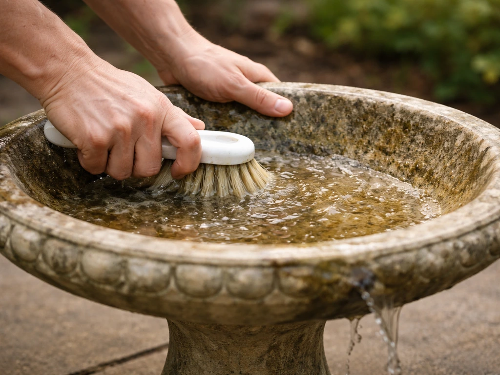 Hands scrubbing a birdbath basin to remove algae while old water drains away