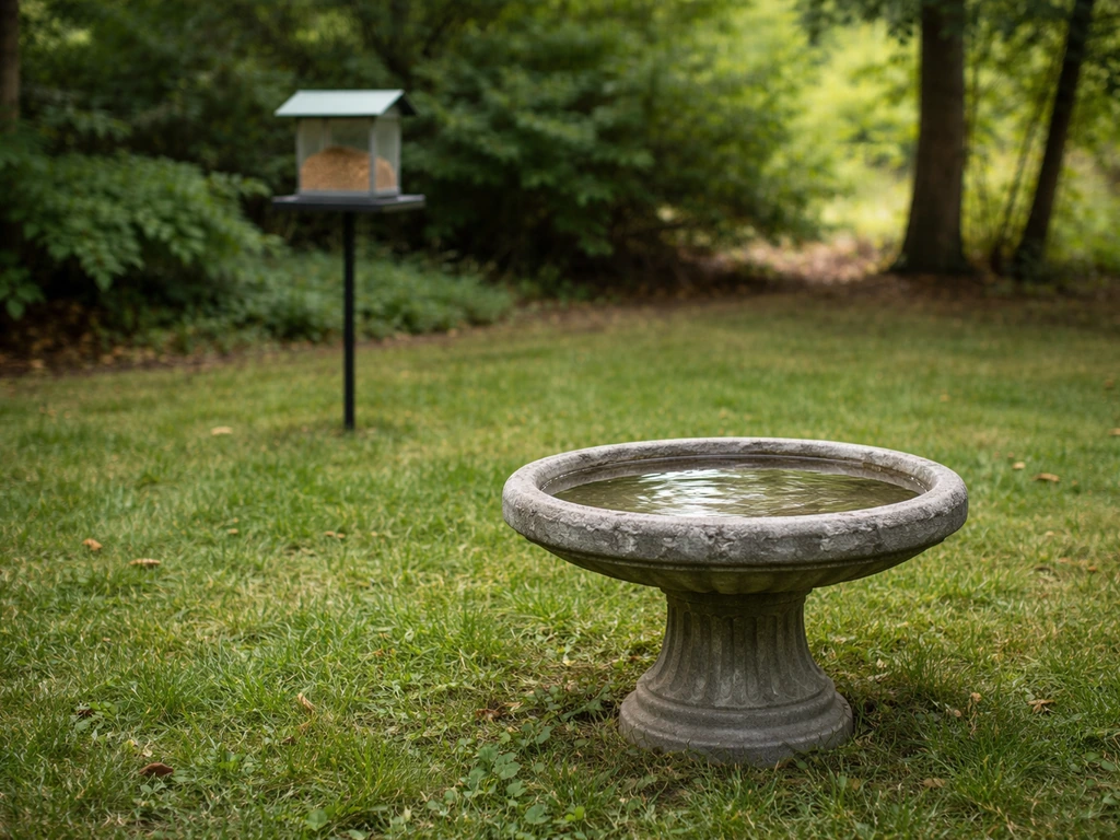 Ground-level birdbath on grass about 10–15 feet from a seed feeder, with trees blurred behind.
