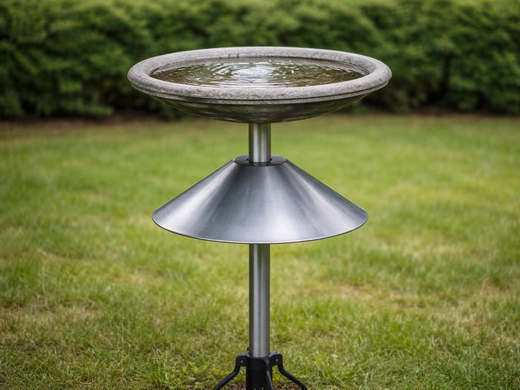 Birdbath on a pedestal with a smooth metal pole and baffle blocking animals from reaching the basin