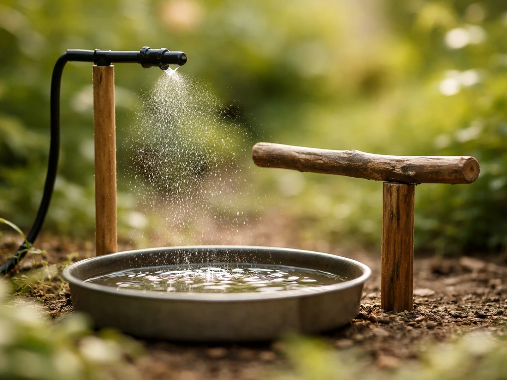 Fine mist from a small drip line beside a perch, showing tiny water output in a garden