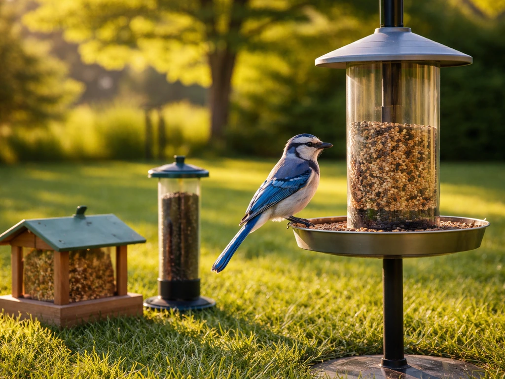 Blue jay perched at a bird feeder with two other feeder types nearby in a bright backyard