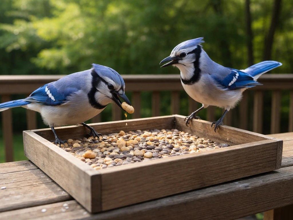 Blue jays landing and feeding at a tray-style bird feeder with nuts and seeds visible