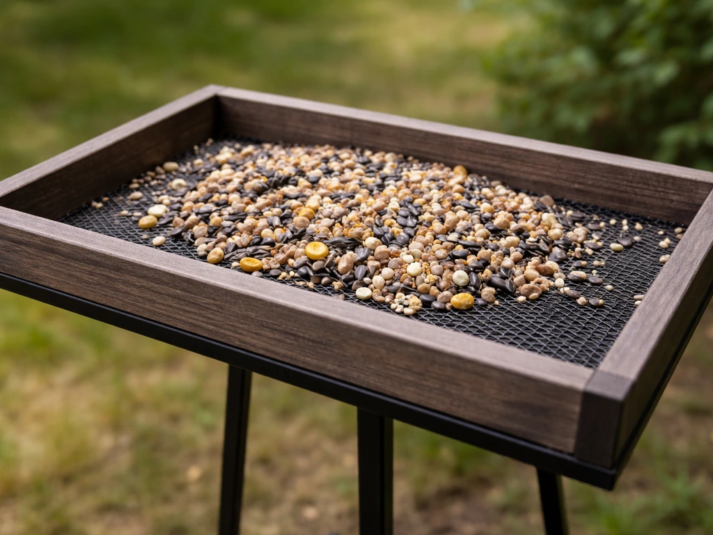 Close-up of an open slatted/mesh tray bird feeder with scattered seed in soft greenery light.