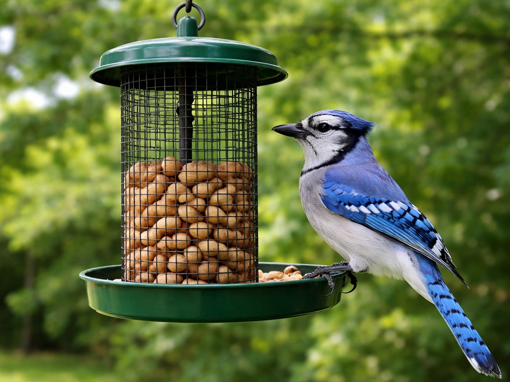 Blue jay at a dedicated mesh peanut/nut feeder on a quiet backyard branch
