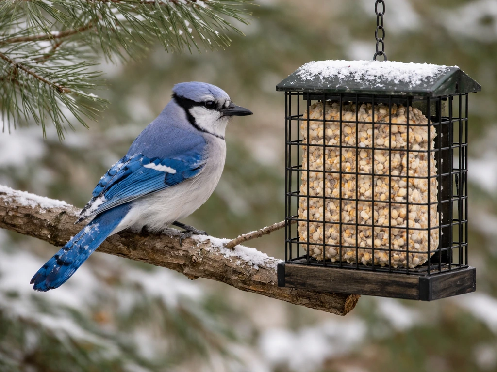 Blue jay perched near a large suet feeder with a tail-prop extension on a winter backyard branch.