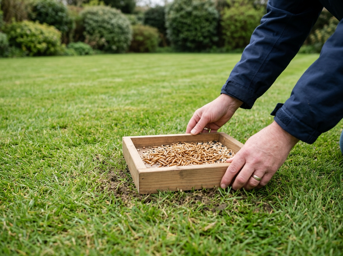 Ground feeder placed in open lawn for robins to scan and forage.