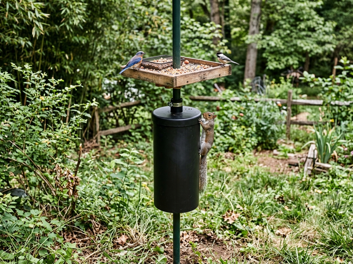 Pole-mounted squirrel baffle below an open platform feeder.