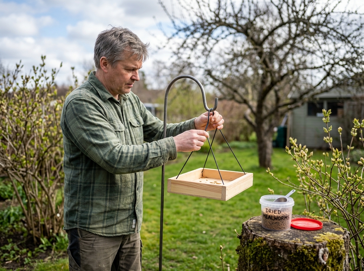Simple first-week robin feeder test: tray on shepherd’s hook with dried mealworms.