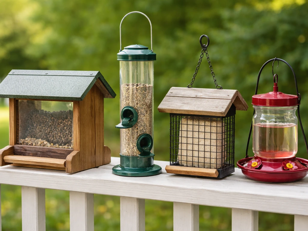 Four DIY bird feeders—hopper, tube, suet cage, and nectar jar—grouped with visible perches and ports.