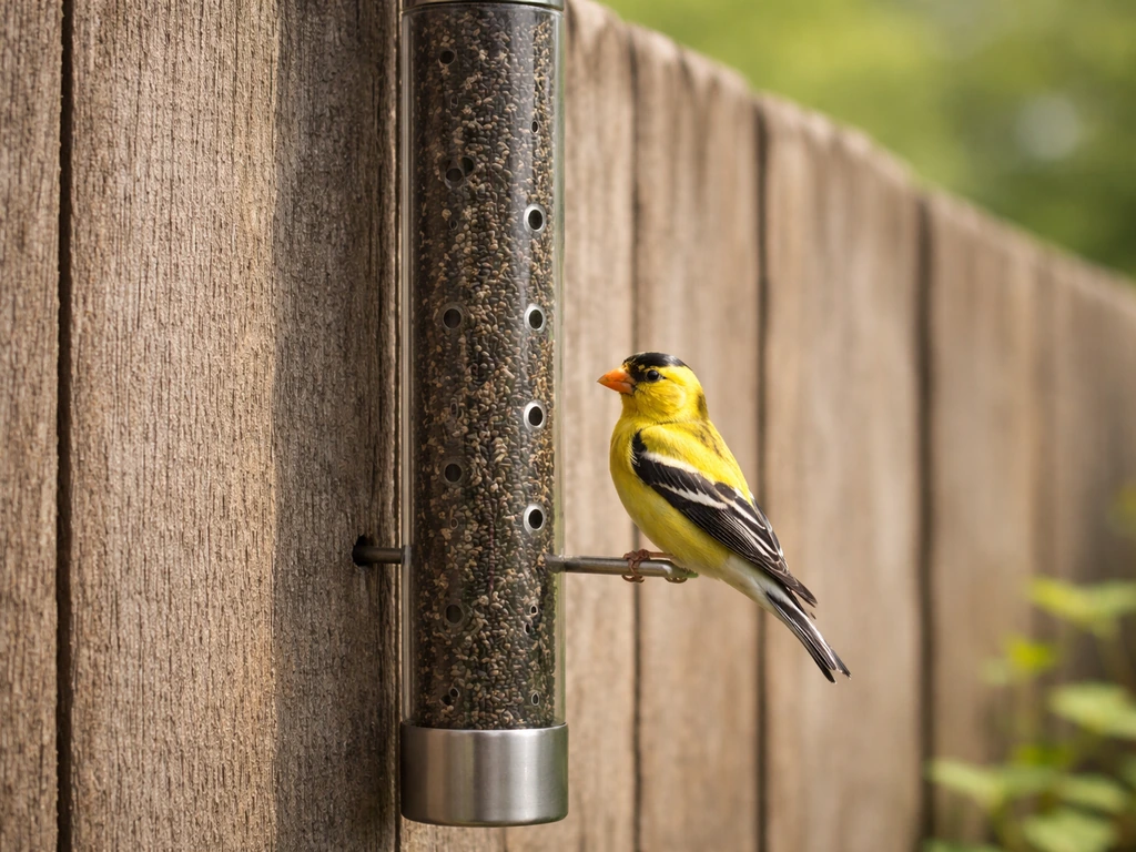 Close-up of a small tube finch feeder with tiny ports and nyjer seeds, with a finch perched nearby.