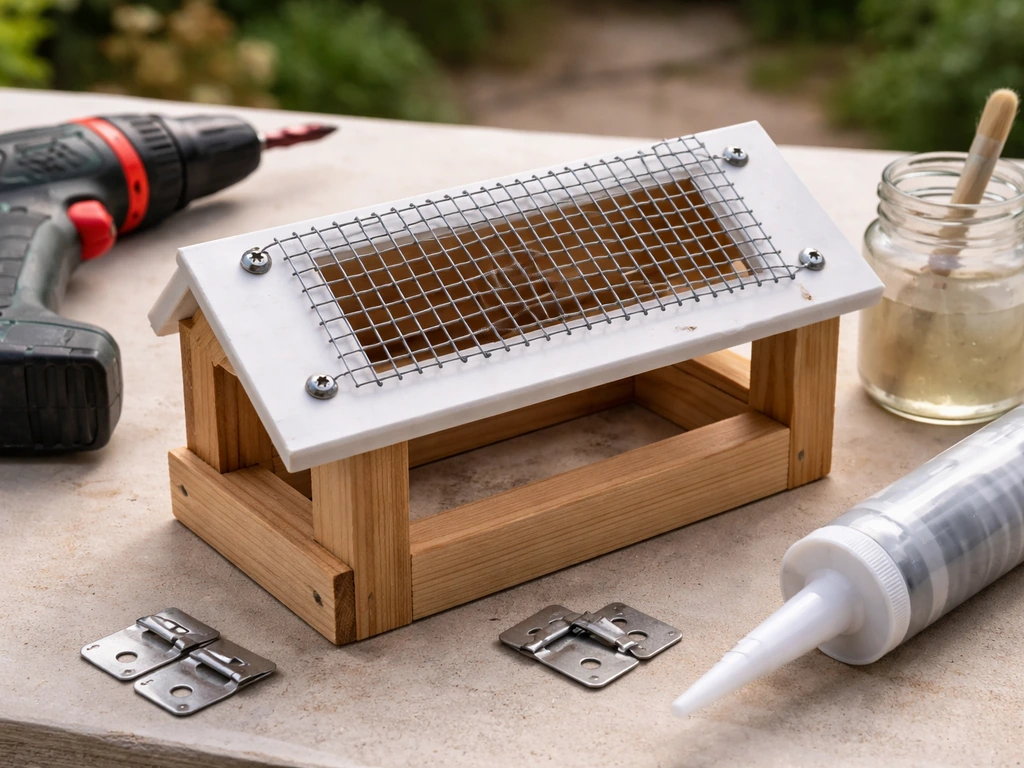 Close-up of wood and PVC feeder parts with wire mesh, drill, screws, and caulk on a workbench.