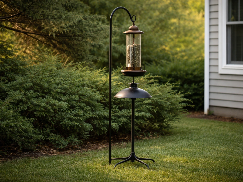 Bird feeder on a stand near shrubs, with a baffle and positioned safely away from a window.