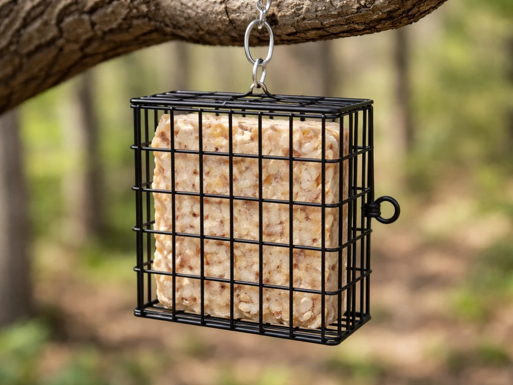 Wire suet cage feeder with a suet cake inserted, shown close-up on a branch.