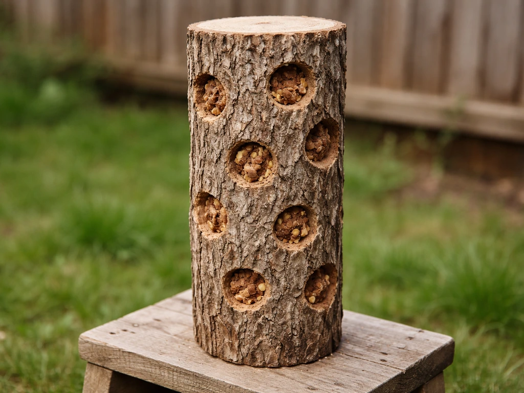 Drilled wooden log feeder packed with suet outdoors, centered on a simple stand with soft background.