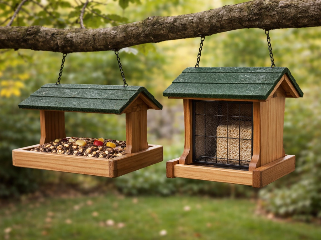 Backyard view of a platform seed feeder next to a suet hopper feeder, no birds visible.