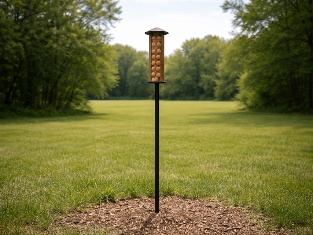 Woodpecker feeder on a pole about 5+ feet high with an open, unobstructed viewing line.