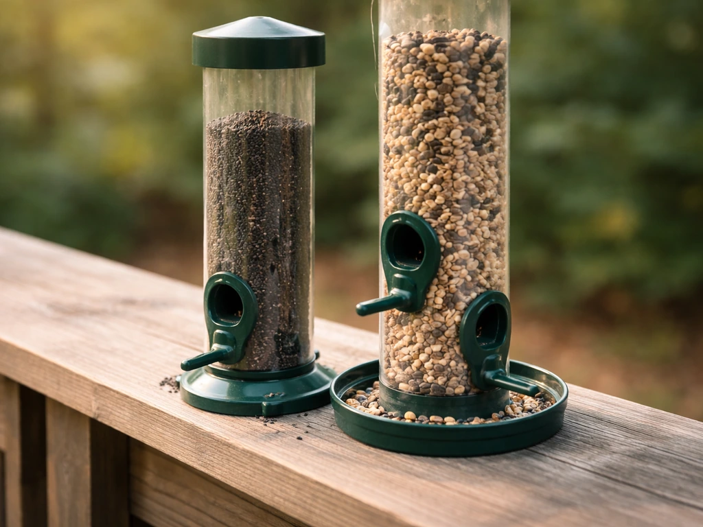 Two side-by-side feeders: small-port nyjer thistle tube for finches and a standard mixed-seed tube for contrast.