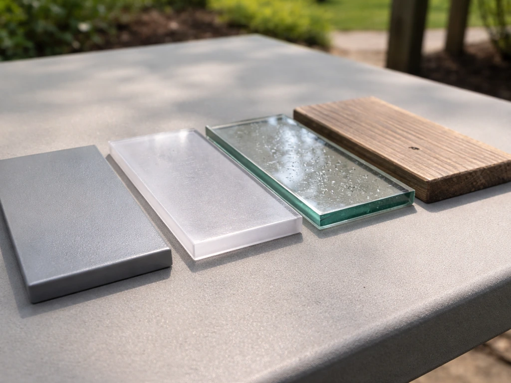 Four side-by-side feeder materials—powder-coated metal, polycarbonate, glass, and wood—showing distinct textures.