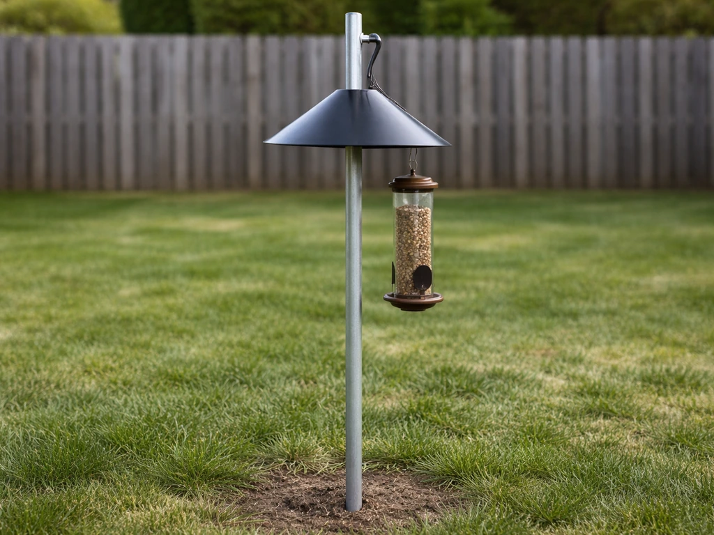 Smooth metal pole with a circular baffle and a bird feeder mounted below, backyard setting.