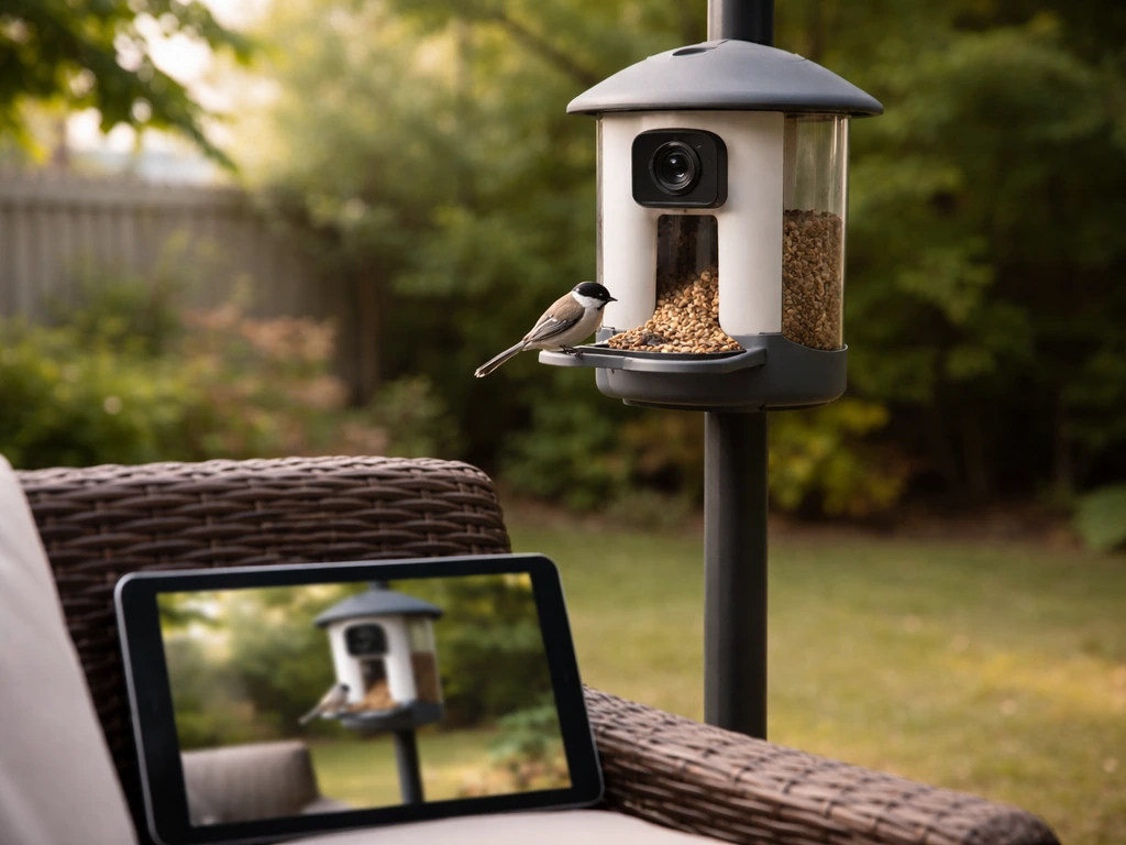 Camera-enabled bird feeder on a pole with a bird visit shown on a blurred phone screen.