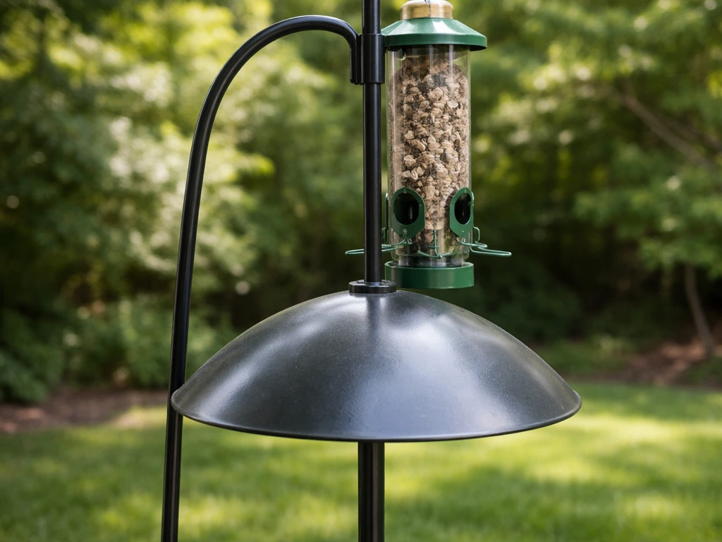 Close-up of a bird feeder with a metal baffle blocking a squirrel’s reach to the feeding tube.