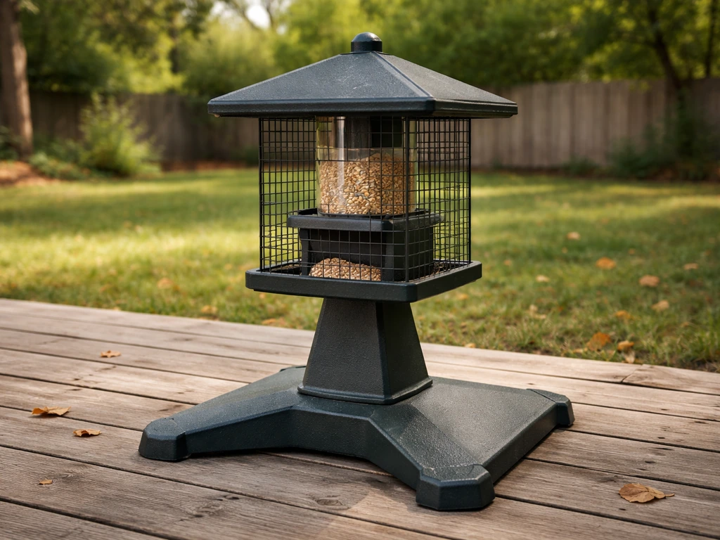 Heavy-duty bird feeding station with wide base in a backyard yard, weatherproof and squirrel-resistant design