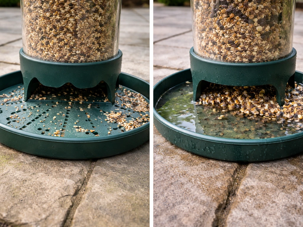 Side-by-side feeder bases: one with drainage holes and dry tray, one with pooled water and damp seed.