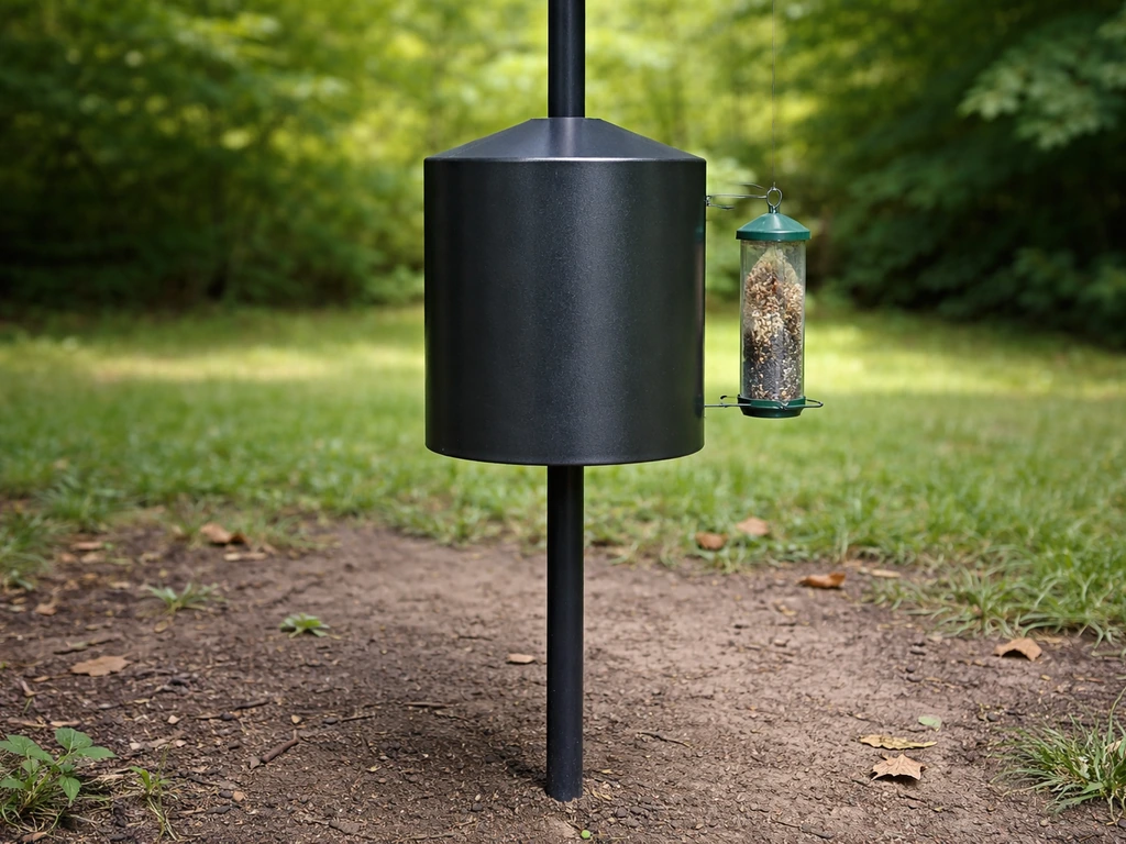 Close view of a pole-mounted cylindrical baffle blocking access to a backyard bird feeding station