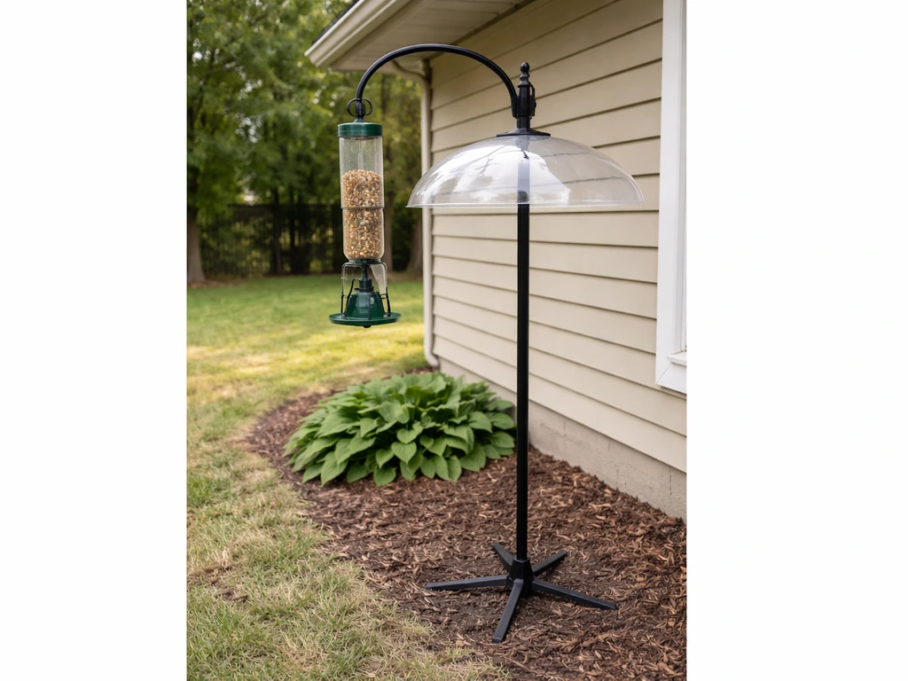 Anchored bird feeding station with baffle and one tube feeder arm installed outdoors.