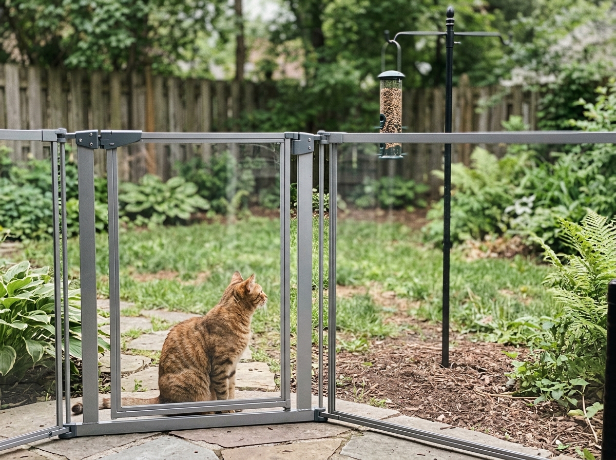 Cat-safe feeder placement guide showing cat behind a clear barrier near the feeder