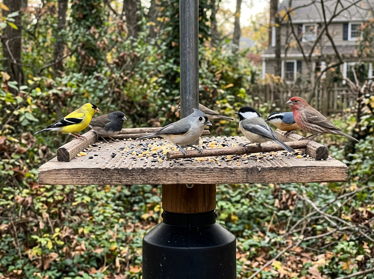 Platform feeder attracting multiple birds from an unobstructed angle