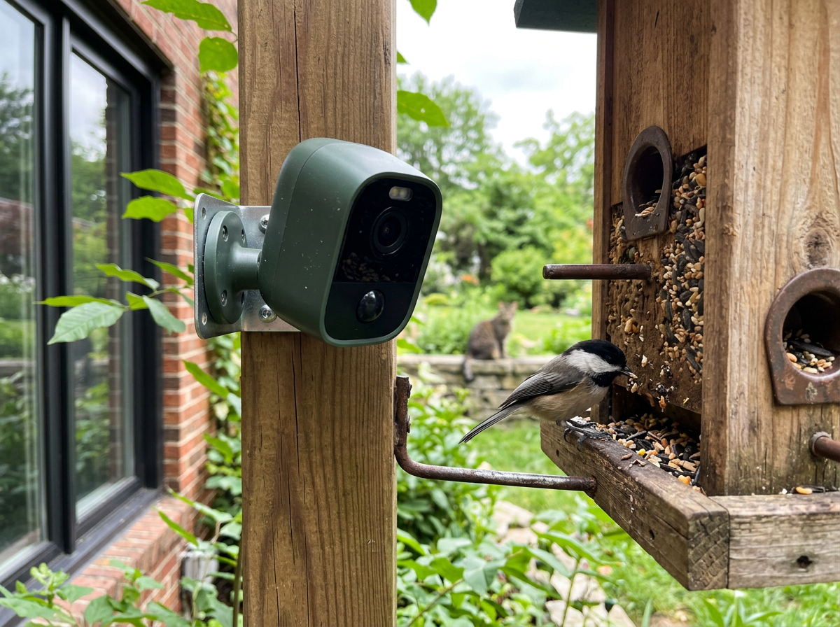 Smart bird feeder camera mounted near feeder with cat kept at distance